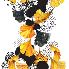 Fotobehang Drawing of ginkgo leaves, ink doodle, grunge, water color paper textures © Tanya Syrytsyna