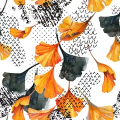 Fotobehang Drawing of ginkgo leaves, ink doodle, grunge, water color paper textures. © Tanya Syrytsyna