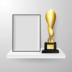 Realistic Faceted golden winner trophy and photo frame on shelf realistic side view composition vector. 