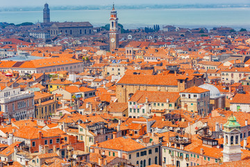 Panoramic view of Venice from the Campanile tower of St. Mark's Cathedral (Campanile di San Marco). Italy.