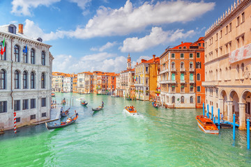 Views of the most beautiful canal of Venice - Grand Canal water streets, boats, gondolas, mansions along. Italy. - obrazy, fototapety, plakaty
