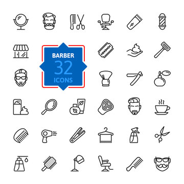 Barbershop - outline web icon set, vector, thin line icons collection