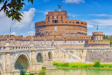 The Tiber River, Ponte Sant'Angelo Bridge, Sant'Angelo Castle. Rome, Italy.