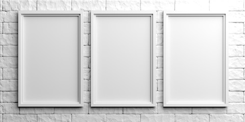 White frames on white brick background. 3d illustration