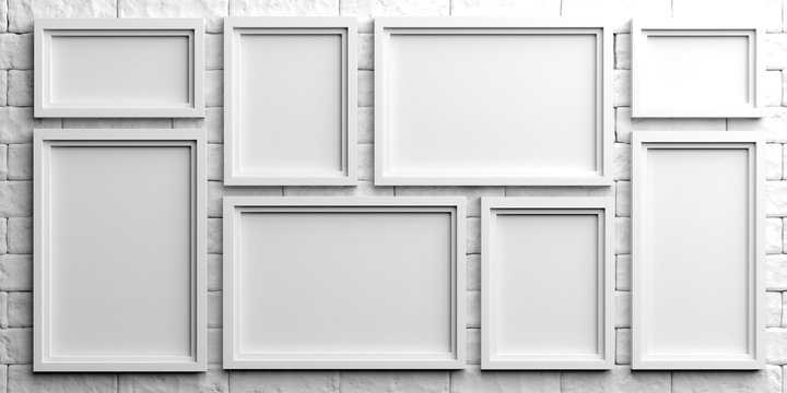 White frames on white brick background. 3d illustration