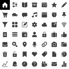 Basic UI vector icons set, modern solid symbol collection, filled style pictogram pack. Signs, logo illustration. Set includes icons as home, settings, book, user, cloud, wallet, tag, clock, lock, pin