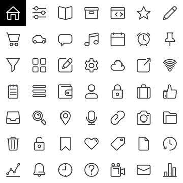Basic UI line icons set, outline vector symbol collection, linear style pictogram pack. Signs, logo illustration. Set includes icons as home, settings, book, user, cloud, wallet, tag, clock, lock, pin