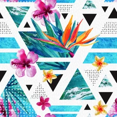 Photo sur Plexiglas Impressions graphiques Modèle sans couture géométrique d& 39 été abstrait avec des fleurs exotiques