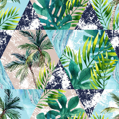 Feuilles tropicales d& 39 aquarelle et palmiers dans le modèle sans couture de formes géométriques