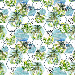 Watercolor tropical leaves and palm trees in geometric shapes seamless pattern