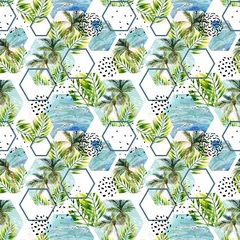 Foto op Plexiglas Marmeren hexagons Aquarel tropische bladeren en palmbomen in geometrische vormen naadloos patroon