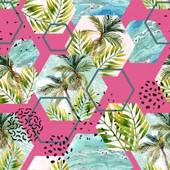 Rolgordijnen Marmeren hexagons Aquarel tropische bladeren en palmbomen in geometrische vormen naadloos patroon