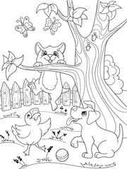 Childrens coloring cartoon animals friends in nature. Duckling, puppy and kitten. Duck, dog and cat