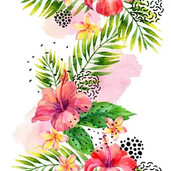 Rolgordijnen Aquarel tropische bladeren en bloemen arrangement achtergrond. © Tanya Syrytsyna