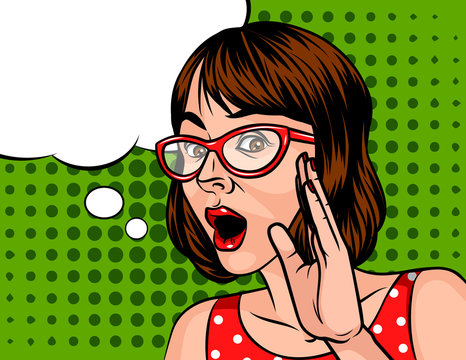 Young attractive girl wants to tell a secret. Portrait of a surprised woman with short dark hair wearing glasses