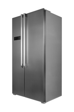 Metal refrigerator isolated on white background