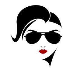 Vector illustration of a girl in glasses and with beautiful hair. Icon, logo, women's hairstyles