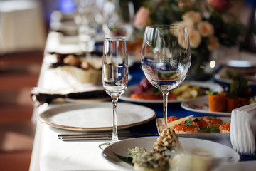 Close up picture of empty glasses in restaurant. Selective focus.