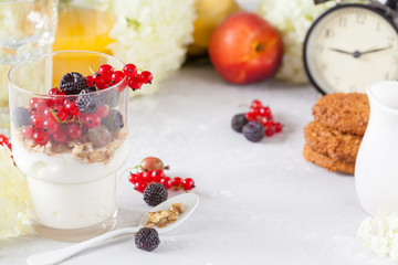 Healthy light breakfast: parfait with muesli, berries and yogurt.