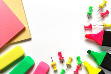 School accessories marker, pencil, scissors, eraser, paper clips, paper on a light background with copy space. Concept back to school