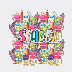 School elements clip art doodle in cartoon style for greeting card. Hand draw vector illustration for banner or flyer. Typography text.