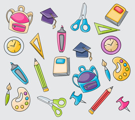 School elements clip art doodle in cartoon style for greeting card. Hand draw vector illustration for banner or flyer. Typography text.