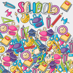 School elements clip art doodle in cartoon style for greeting card. Hand draw vector illustration for banner or flyer. Typography text.