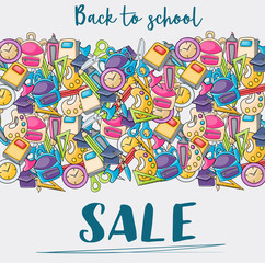 Back to school sale doodle clip art greeting card. Cartoon vector illustration for flyer to banner. Typography script text. 