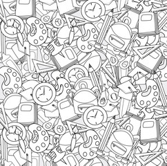 School elements clip art doodle in cartoon style for greeting card. Hand draw vector illustration for banner or flyer. Typography text.