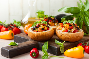 Eggplant caponata in bread bowls