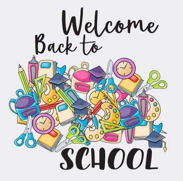 Welcome back to school doodle clip art greeting card. Cartoon vector illustration for flyer to banner. Typography script text. 