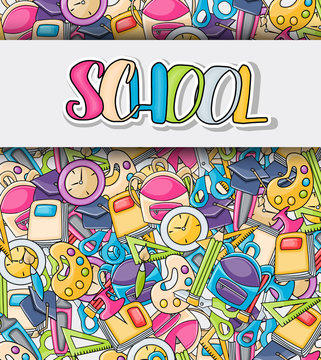 School elements clip art doodle in cartoon style for greeting card. Hand draw vector illustration for banner or flyer. Typography text.