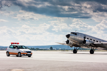 Retro airplane moving to follow me car