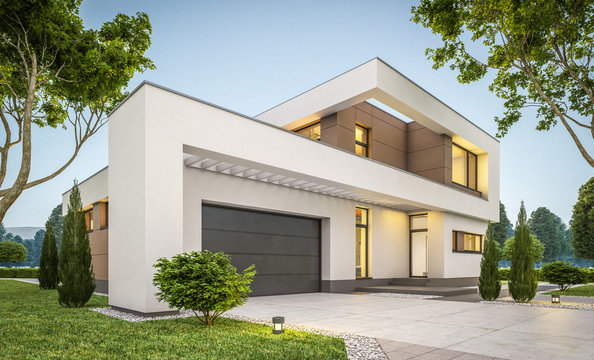 3d rendering of modern house at evening