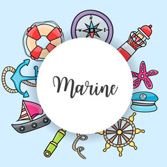 Marine doodle elements, hand drawn style. Ocean vector illustration background with nautical theme objects.