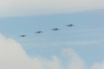 Russia, Saint-Petersburg, July 30, 2017, in celebration of the Navy, the flight of fighters over the city.
