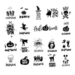 Happy halloween set. Poster, banner, fly-er. Spider web with the spider. Black on white. Lettering. Halloween party. Flat design vector illustration.