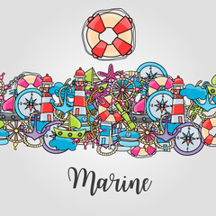 Fototapeta premium Marine doodle elements, hand drawn style. Ocean vector illustration background with nautical theme objects.