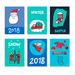 Merry Christmas and happy New Year set. Hand Drawn textures and brush vintage style. Postcard, printed matter, greeting card, card template, textures, lettering. Flat design vector illustration.