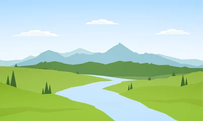 Poster Vector illustratie: zomer bergen landschap met rivier op de voorgrond. © deniskrivoy