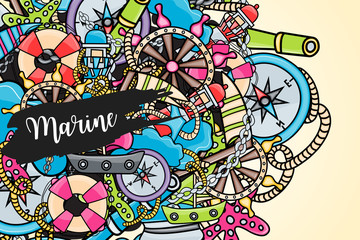 Obraz premium Marine doodle elements, hand drawn style. Ocean vector illustration background with nautical theme objects.