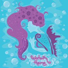 Stylized mermaid with long purple hair and flipper with bubbles around her. Vector illustration.