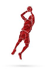 Basketball player jumping and prepare shooting a ball designed using red grunge brush graphic vector