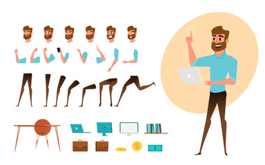 Businessman character creation set for animation. Parts body template. Different emotions, poses and  running, walking, standing, sitting.