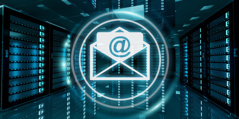 Emails flying over server room data center 3D rendering