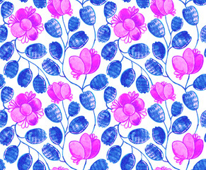 Hand drawn watercolor seamless floral flower pattern(tiling) with whimsial anemones, leaves, camomilies. Colorful pink seamless network pattern background. Isolated subtle net on white.
