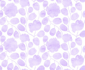 Hand drawn flower seamless pattern (tile). Colorful seamless pattern with tender light lilac light whimsical flowers. Watercolor lace pattern for textile. Isolated on a white background.
