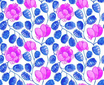 Hand drawn watercolor seamless floral flower pattern(tiling) with whimsial anemones, leaves, camomilies. Colorful pink seamless network pattern background. Isolated subtle net on white.