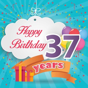 37 th birthday celebration greeting card origami paper art design, birthday party poster background with clouds, balloon, ribbon and gift box full color. thirty seven anniversary celebrations