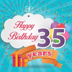 35 th birthday celebration greeting card origami paper art design, birthday party poster background with clouds, balloon, ribbon and gift box full color. thirty five anniversary celebrations